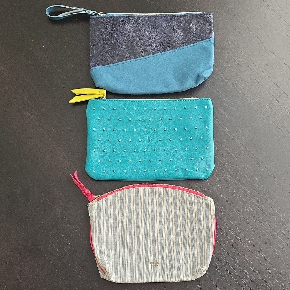 Ipsy Blue and Striped Cosmetic Bags Set